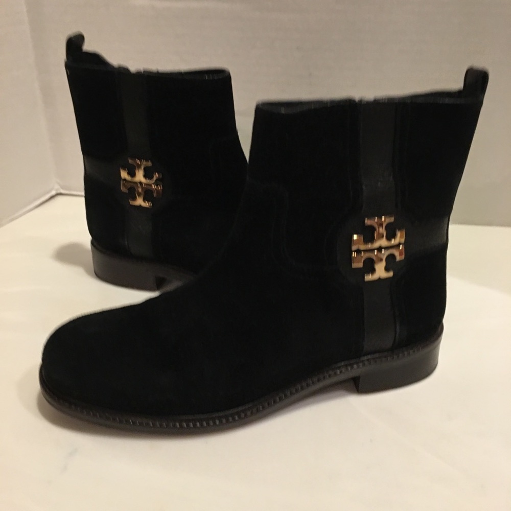 TORY BURCH BLACK SUEDE ELOISE GOLD LOGO BOOTS